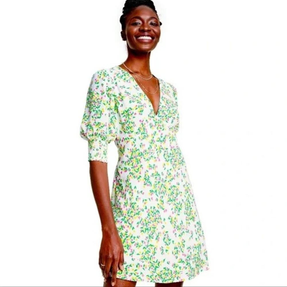 Rixo for Target Mini Dress Womens 2 Green Floral V-Neck Puff 3/4 Sleeve Coquette